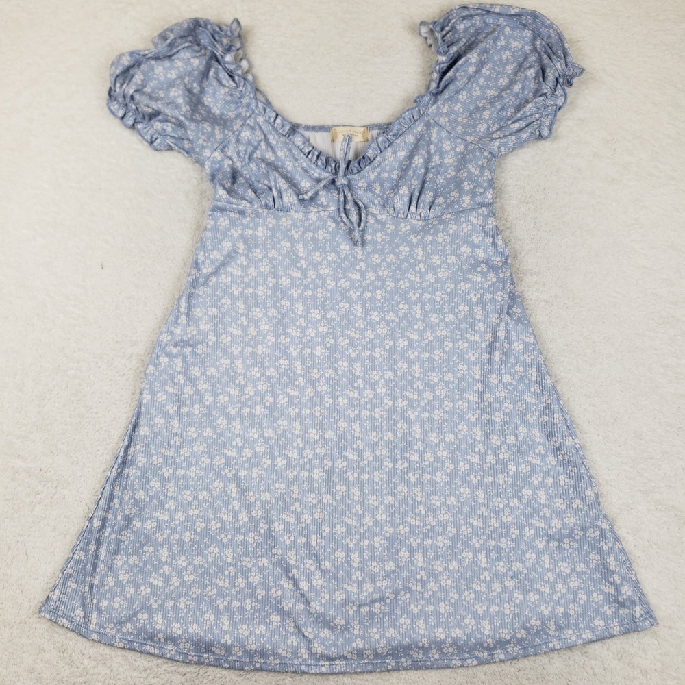 Altar'd State Floral Puff Sleeve Mini Dress Women M Blue Milkmaid Cottagecore